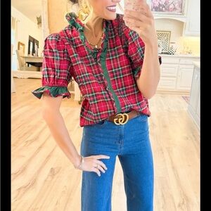 Chic Plaid Ruffle Blouse in Red and Green